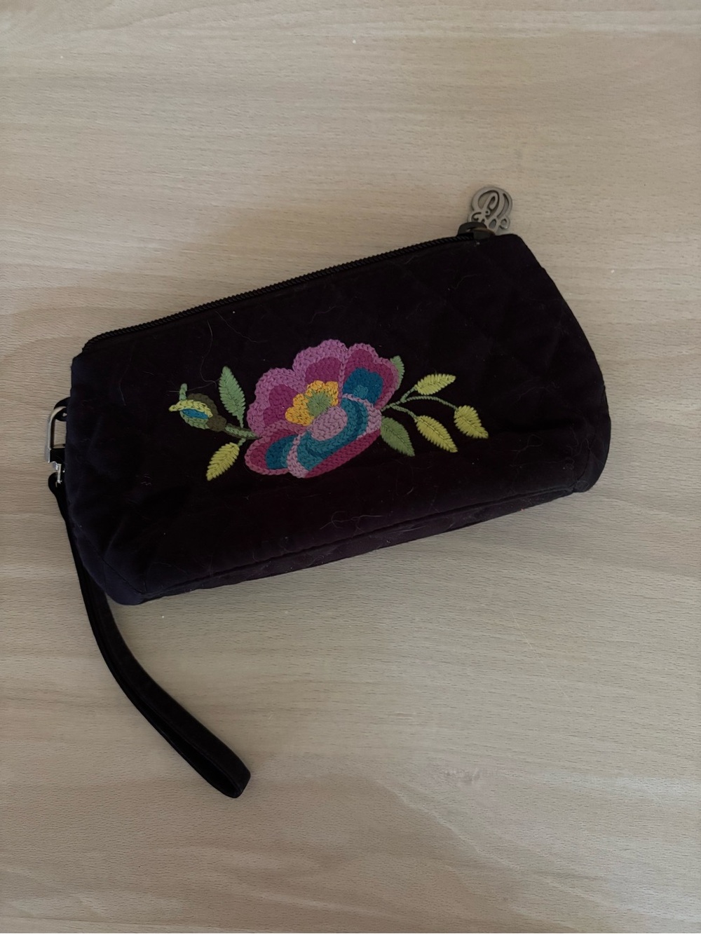 Vera Bradley Black Quilted Wristlet with Pink & Teal Floral Embroidery